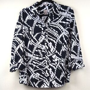 Chico's Navy & White Relaxed Button Down Shirt Top Wrinkle Resistant Size 3 (XL)